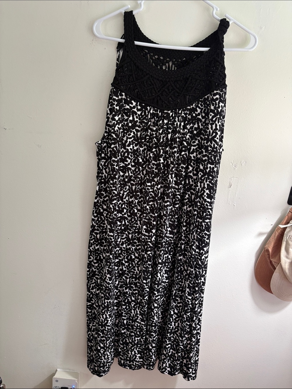 Terra & Sky Black and White Printed Midi Dress with Crochet Yoke